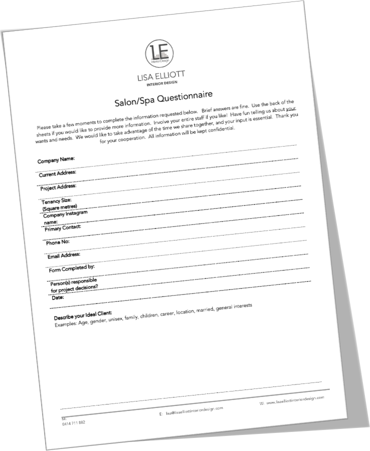 Free Salon & Spa Planning Questionnaire for luxury spa and salon owners – Download upon subscribing to our exclusive newsletter for interior design insights.