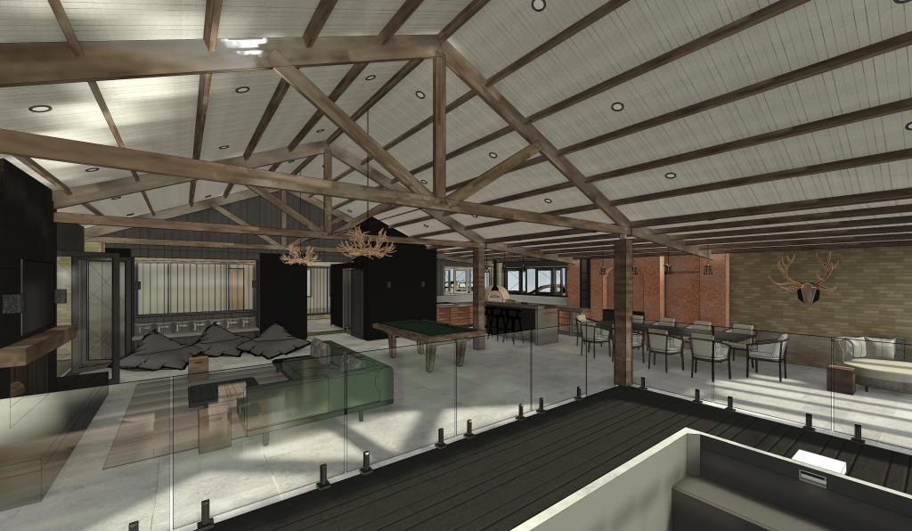 Elegant alfresco addition to a country home featuring a designer outdoor kitchen and dining space, built-in swim spa, open fireplace, pool table, and luxurious outdoor bathroom with sauna. Designed for Melbourne homeowners 40+ seeking wellness-driven lifestyle upgrades and sophisticated rural living with long-term value.