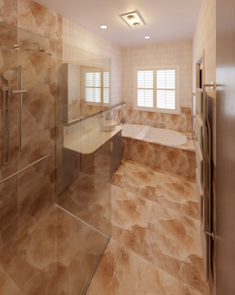 Rendered image of a custom small bathroom with a luxurious spa-like design, frameless shower, rose gold vanity detailing, handmade-look subway tiles, handcrafted ceramic basin, and concealed LED strip lighting, created by Lisa Elliott Interior Design for bathroom renovations in Melbourne.