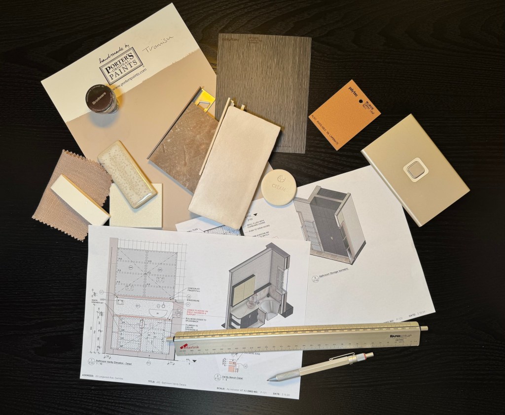 Flatlay of bathroom and laundry finishes with custom cabinetry drawings by Lisa Elliott Interior Design, showcasing the benefits of custom-made cabinetry for bathroom renovations in Melbourne.