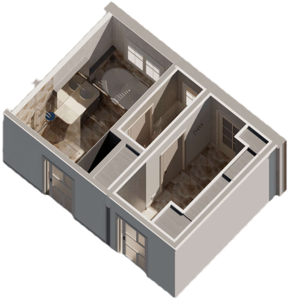 Isometric custom bathroom and laundry layout designed by Lisa Elliott Interior Design, featuring bespoke cabinetry and optimized storage solutions for bathroom renovations in Melbourne.