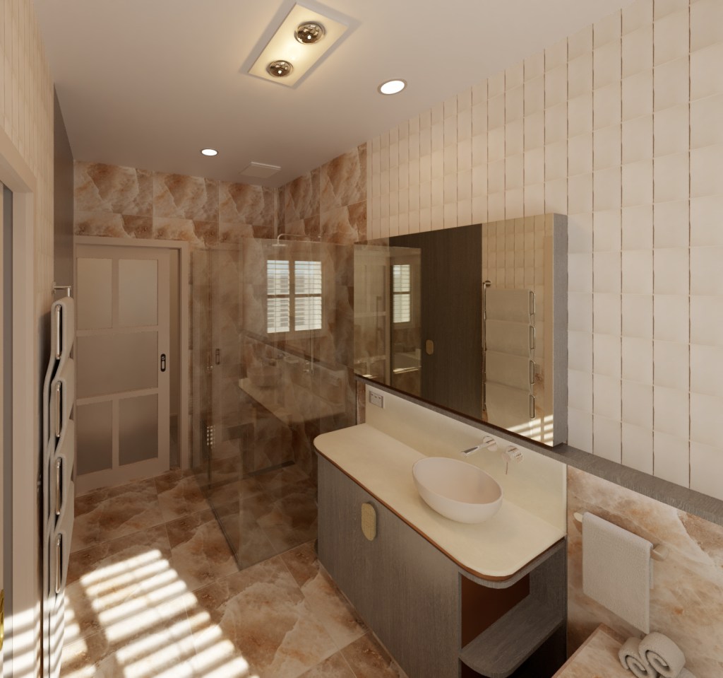 Rendered image of a custom small bathroom with luxurious spa-like style, warm materials, and bespoke cabinetry, designed by Lisa Elliott Interior Design for bathroom renovations in Melbourne.